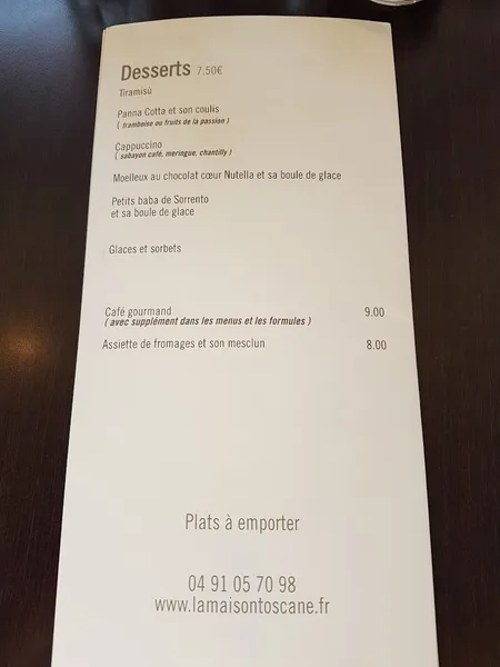 menu 2 of La Maison Toscane