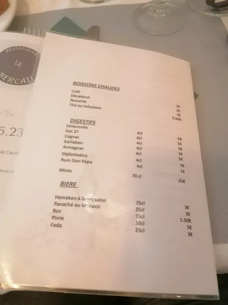 menu 2 of Le Bercail