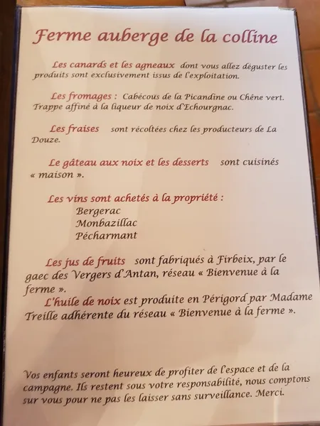 menu 0 of Ferme auberge de la colline gourmande