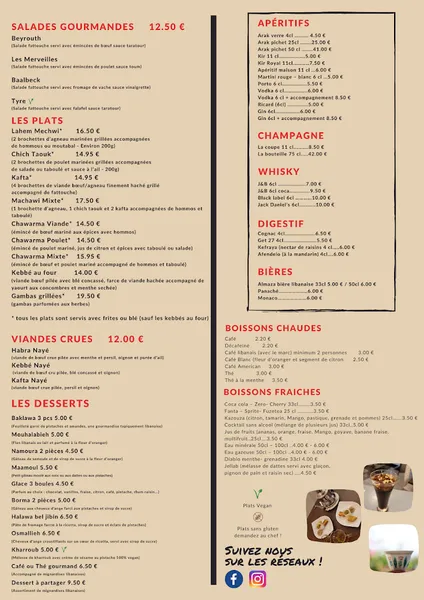 menu 0 of Les Merveilles Du Liban
