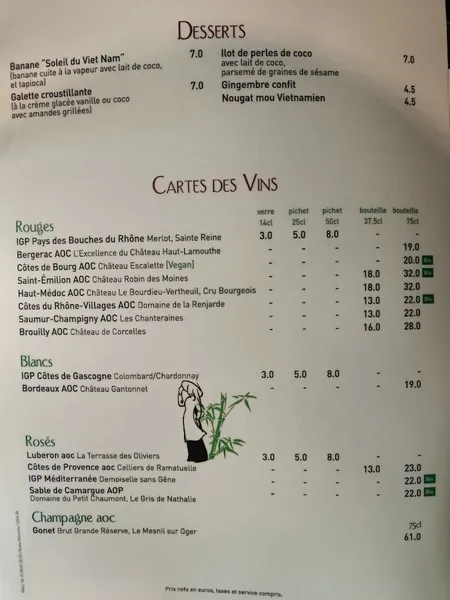 menu 0 of Au Soleil du Vietnam