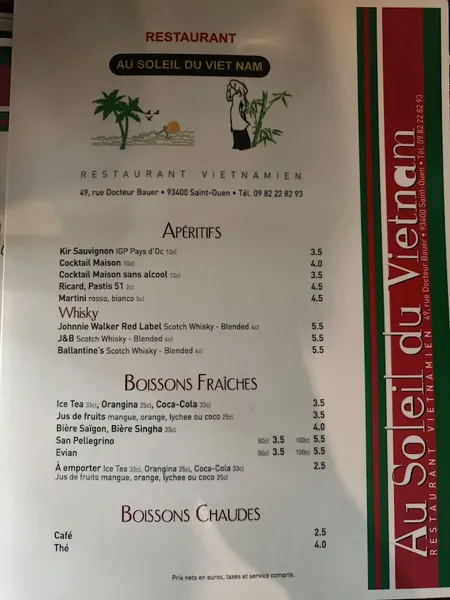 menu 2 of Au Soleil du Vietnam