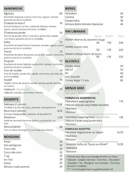 menu 1 of Le Domaine Libanais