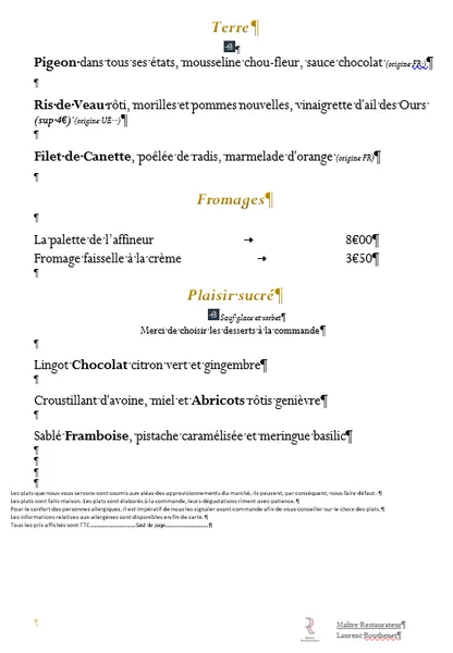 menu 1 of Le Restaurant du Château