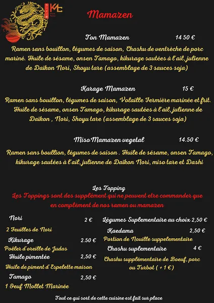 menu 0 of Kmc ramen Bayonne