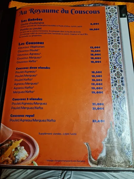 menu 0 of Au Royaume du Couscous