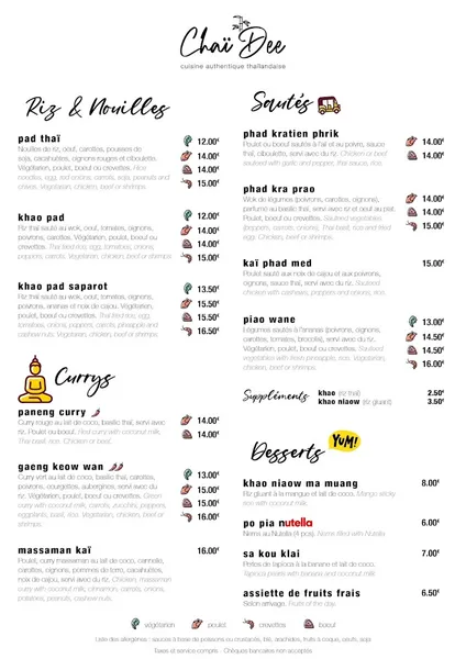 menu 0 of Chaï Dee - Restaurant Thaï