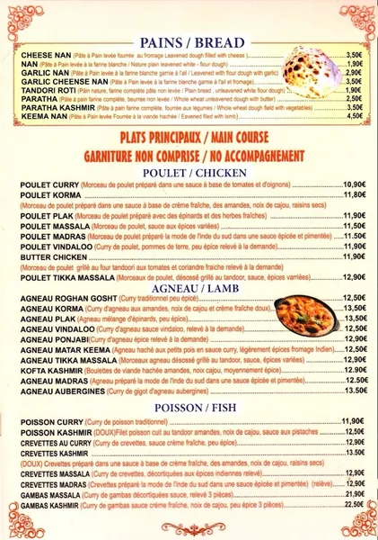 menu 1 of Les Délices Du Kashmir