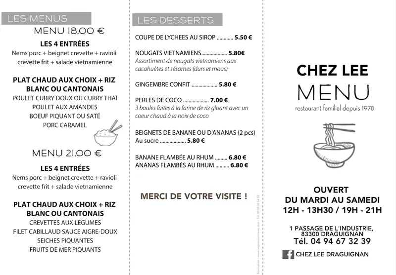 menu 2 of Restaurant Chez Lee DRAGUIGNAN