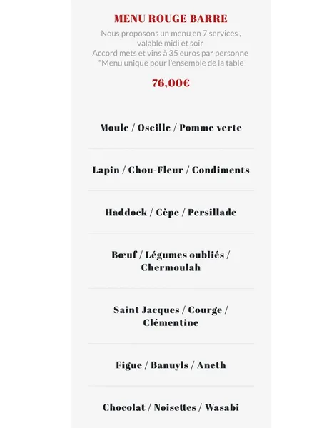 menu 0 of Rouge Barre