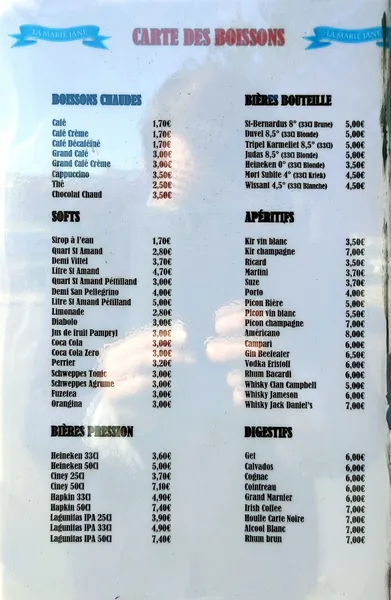 menu 0 of La Marie Jane