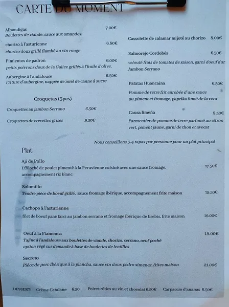 menu 0 of La Table de Sam restaurant Espagnole-tapas