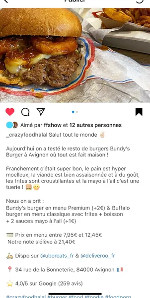 menu 1 of Bundy's Burger