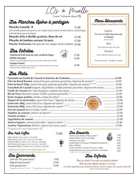 menu 1 of L'Os à Moëlle Toulouse