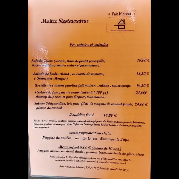 menu 0 of Restaurant la Table du chef