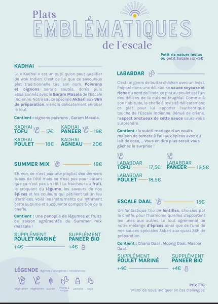 menu 0 of L'Escale Indienne