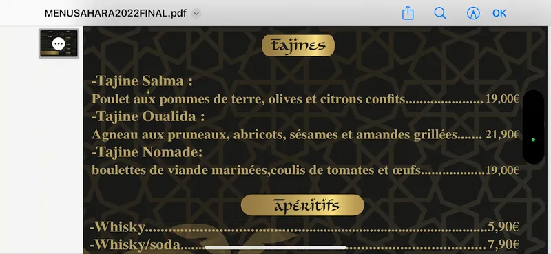 menu 0 of LE SAHARA bar à couscous
