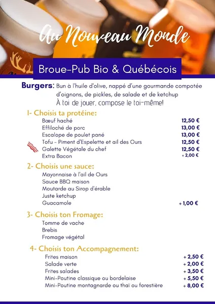 menu 1 of Au Nouveau Monde, Broue-Pub Bio et Québécois