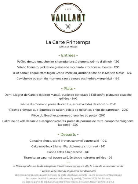 menu 0 of LES VAILLANT Père & Fils