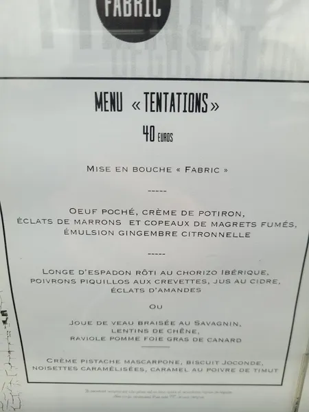 menu 0 of FABRIC RESTAURANT