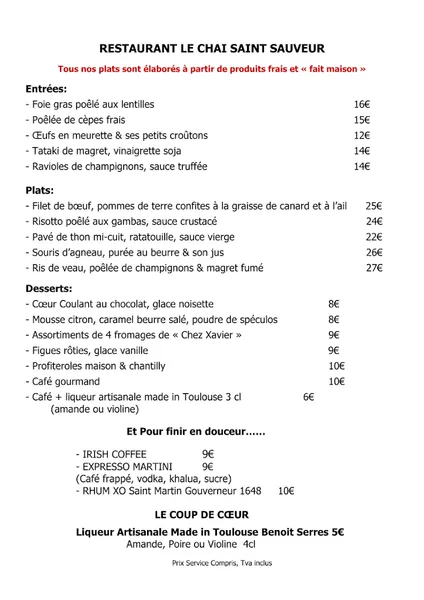 menu 1 of Le Chai Saint Sauveur
