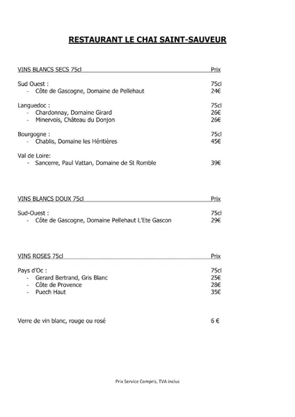 menu 2 of Le Chai Saint Sauveur