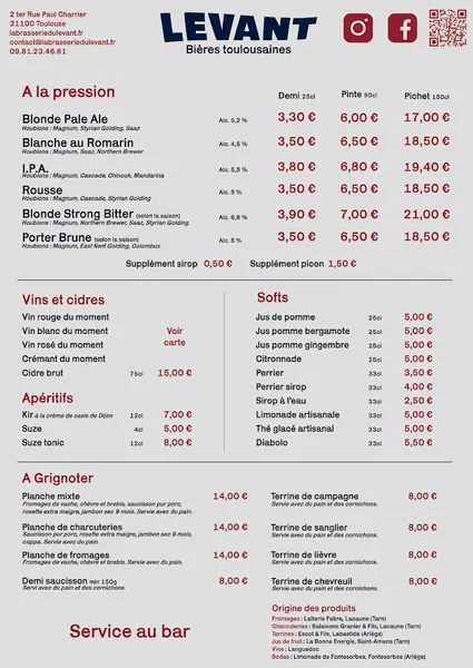menu 0 of La Brasserie du Levant