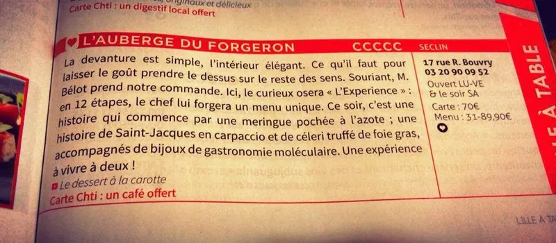 menu 2 of Auberge Du Forgeron - Restaurant gastronomique