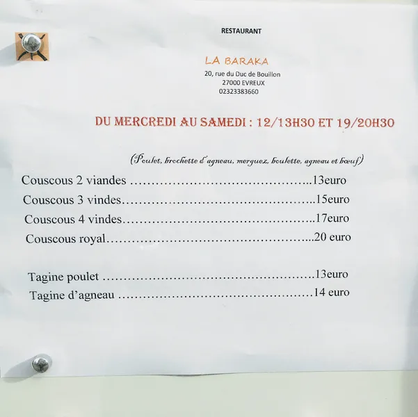 menu 0 of La Baraka