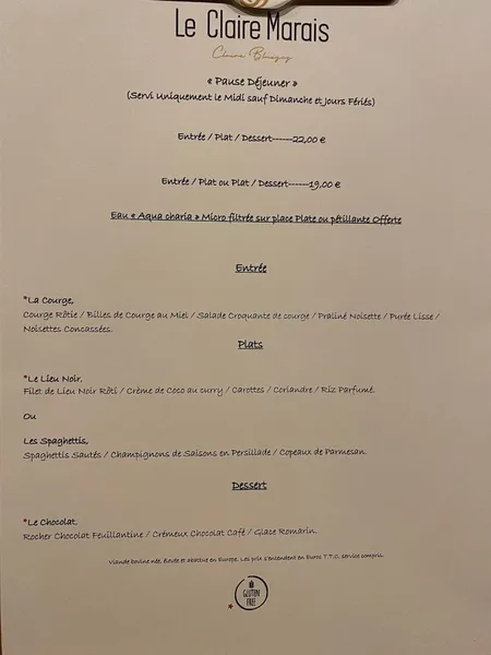menu 0 of Restaurant Claire'Marais