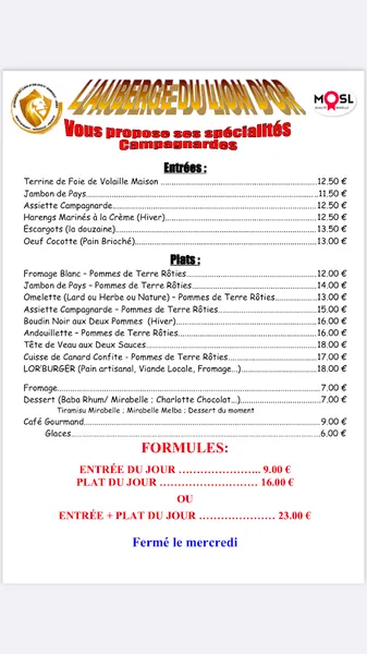 menu 0 of L’AUBERGE DU LION D’OR