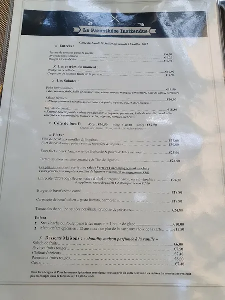 menu 0 of La Parenthèse Inattendue