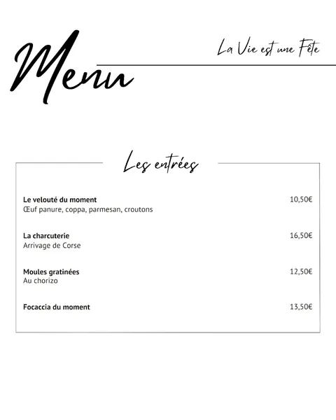 menu 2 of La Vie Est Une Fête