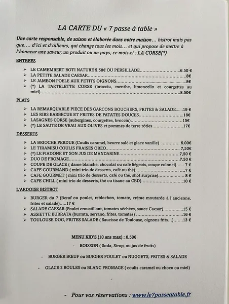 menu 1 of Le 7 passe à table. Restaurant & Bar a vin