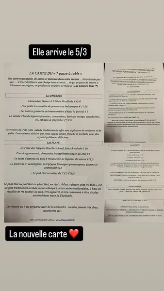 menu 0 of Le 7 passe à table. Restaurant & Bar a vin