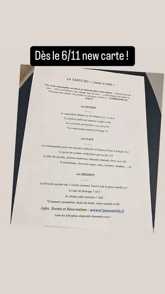 menu 2 of Le 7 passe à table. Restaurant & Bar a vin
