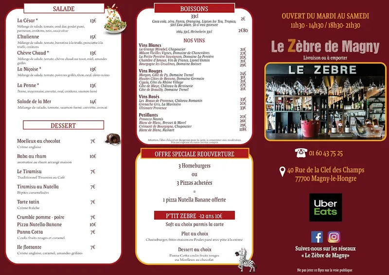 menu 1 of Le Zèbre de Magny | Restaurant Magny-le-Hongre (77)