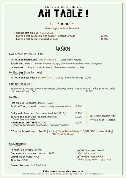 menu 0 of Ah Table - Restaurant - Plats à emporter à Toulouse