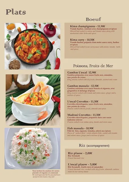 menu 1 of L'Escale Indienne Vienne