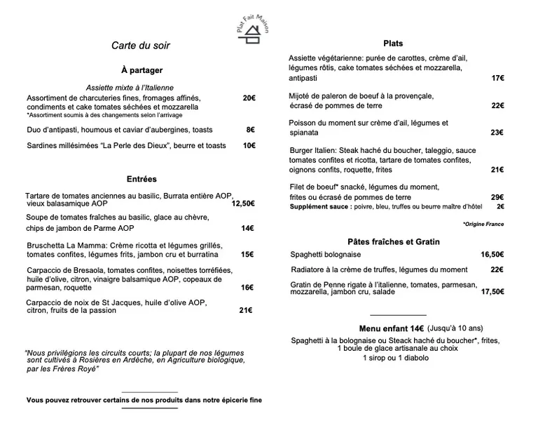 menu 2 of Allegra