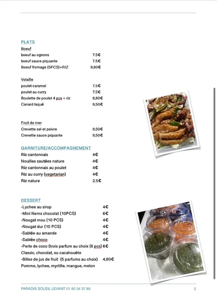menu 2 of Paradis Soleil Levant