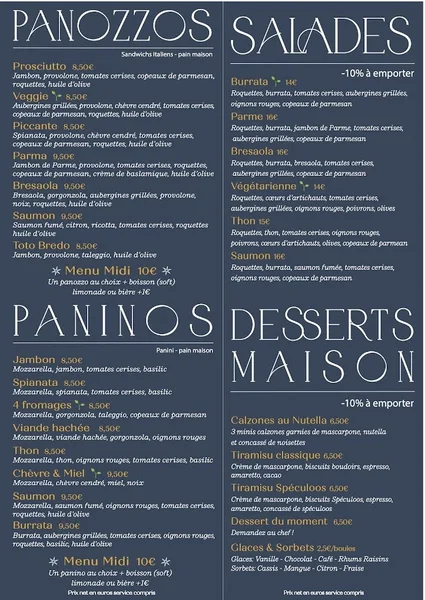 menu 0 of A tavola! Pizzas & Vins italiens
