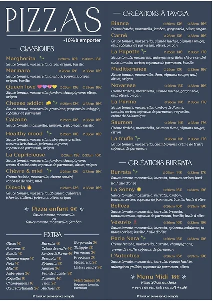 menu 1 of A tavola! Pizzas & Vins italiens
