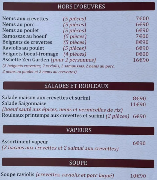 menu 0 of Restaurant Le Zen Garden