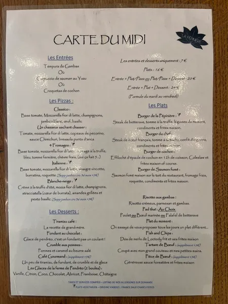 menu 0 of La Pépinière