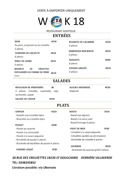 menu 1 of Wok 18 St Doulchard Buffet asiatique Et Grillade à volonté