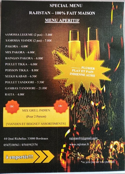 menu 1 of Restaurant Indien Le Rajistan