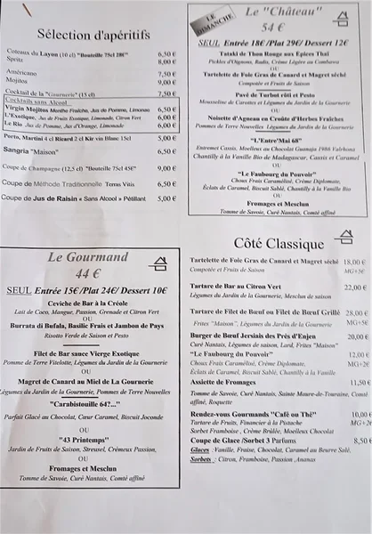 menu 1 of Les Terrasses de la Gournerie, restaurant Château près de Nantes