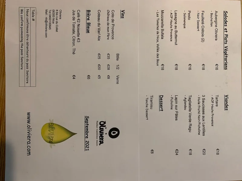 menu 0 of Oliviera
