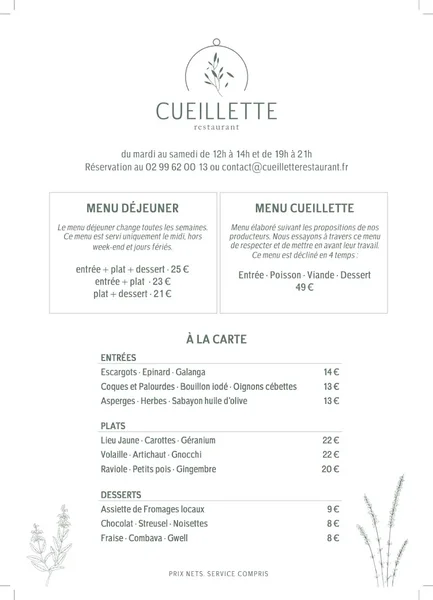 menu 0 of CUEILLETTE RESTAURANT